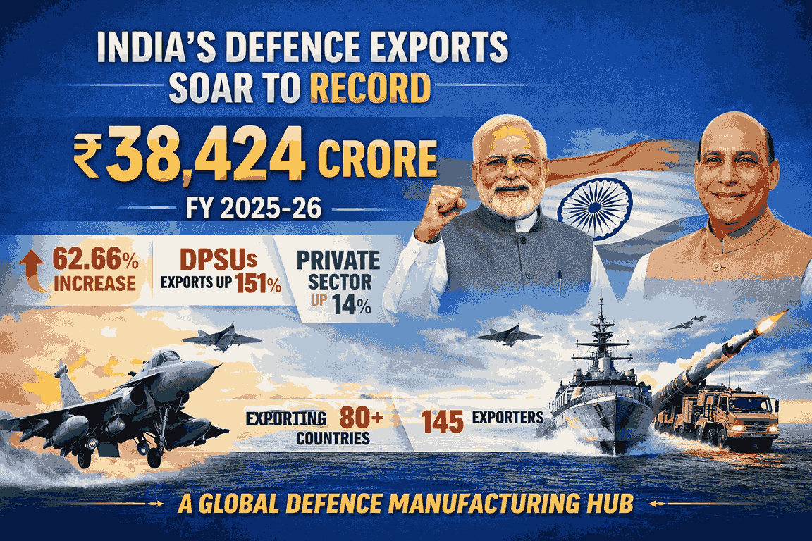 Defence Exports Hit Record ₹38,424 Crore in FY 2025–26, Surge 62.66% ...
